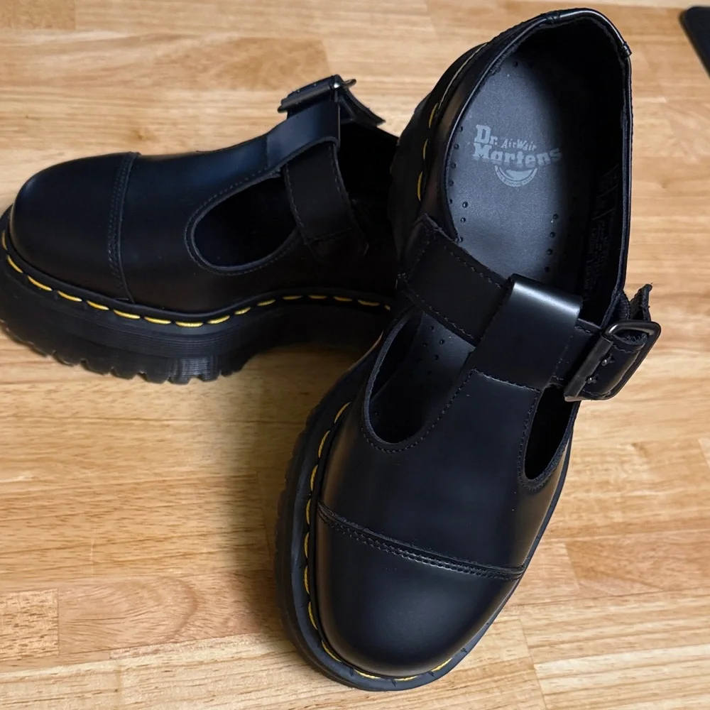 Dr. Martens Bethan Mary Jane Platform Shoes with Yellow Stitching - Picture 12 of 16